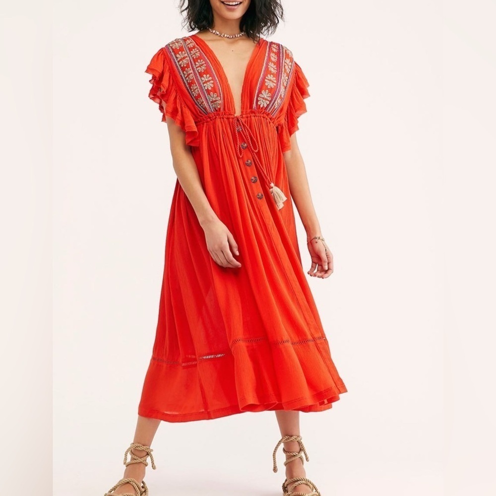 Free People Bali Will Wait For You Boho V Neck Midi Dress Red Embroidered Size S